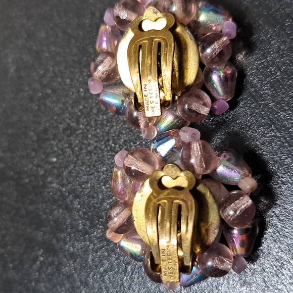 Vintage Signed West Germany 🇩🇪 Pink Iridescent Glass Earrings - Picture 3 of 5